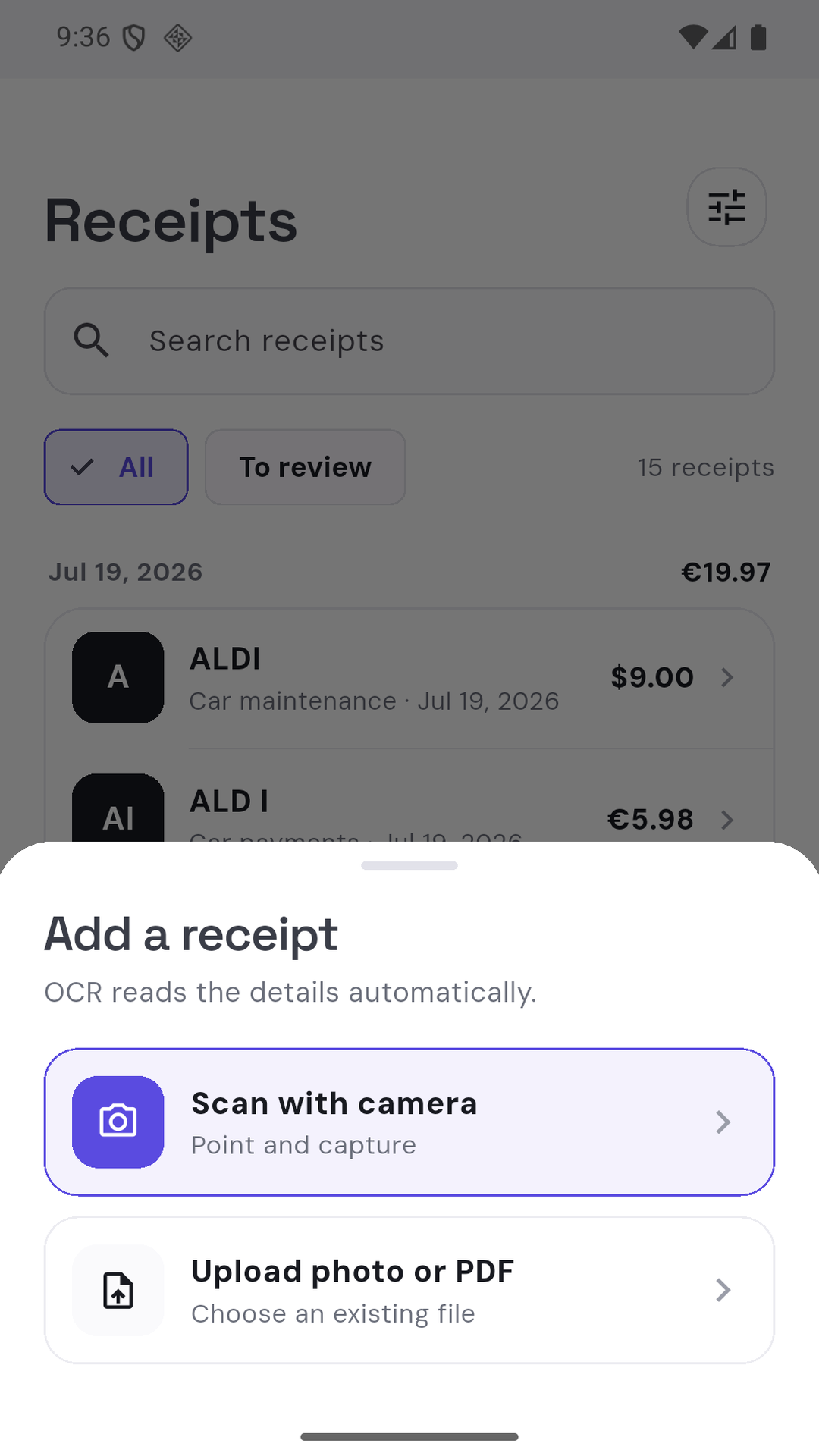 Harbor add receipt screen with camera, image and PDF options