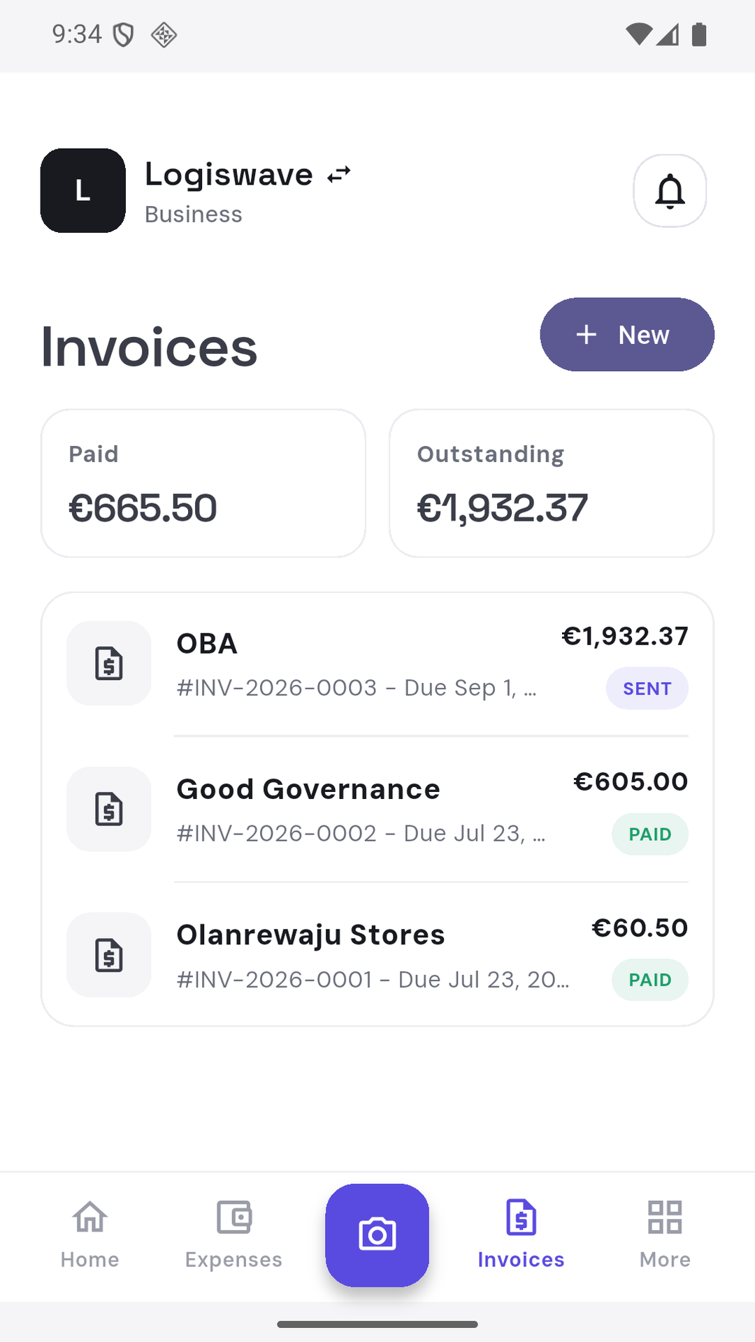 Invoice list inside a Harbor business workspace