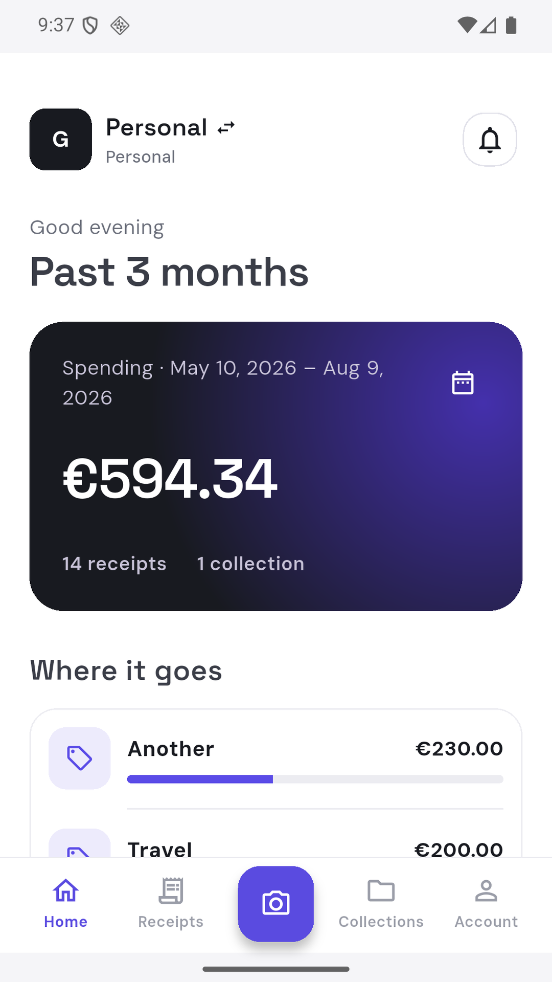 Harbor personal dashboard showing recent spending and receipt categories