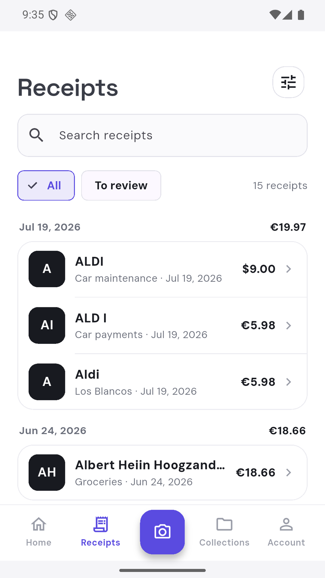 Harbor receipt list with search and review filters